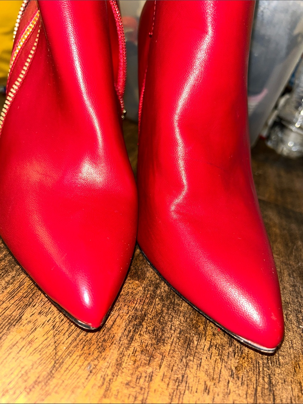 Catherine Malandrino Red Pointed-Toe Stiletto Ankle Boots with Gold Accents - Picture 4 of 6